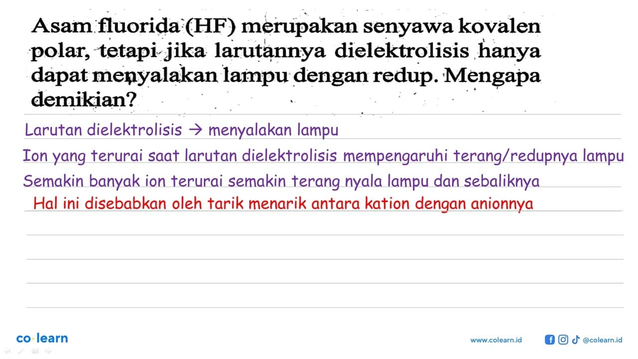 Asam fluorida(HF) merupakan senyawa kovalen polar, tetapi