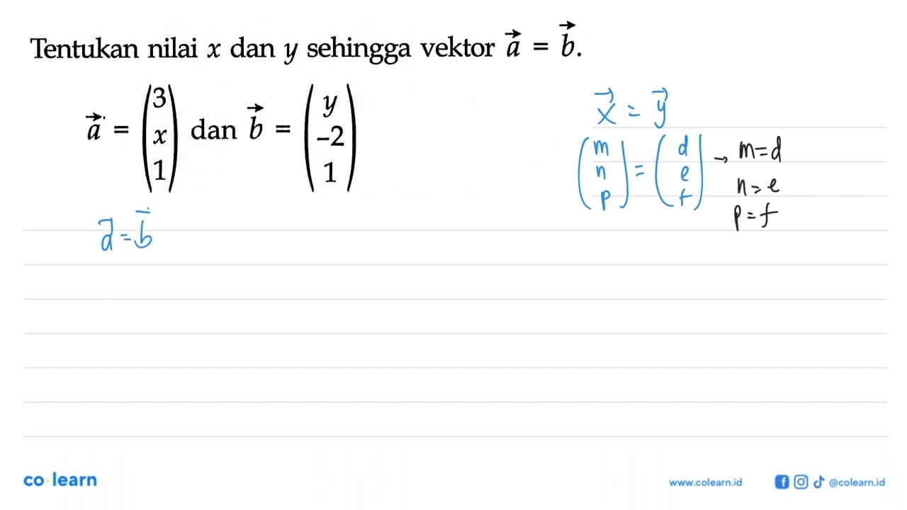 Tentukan nilai x dan y sehingga vektor a=b.vektor a=(3 x 1)