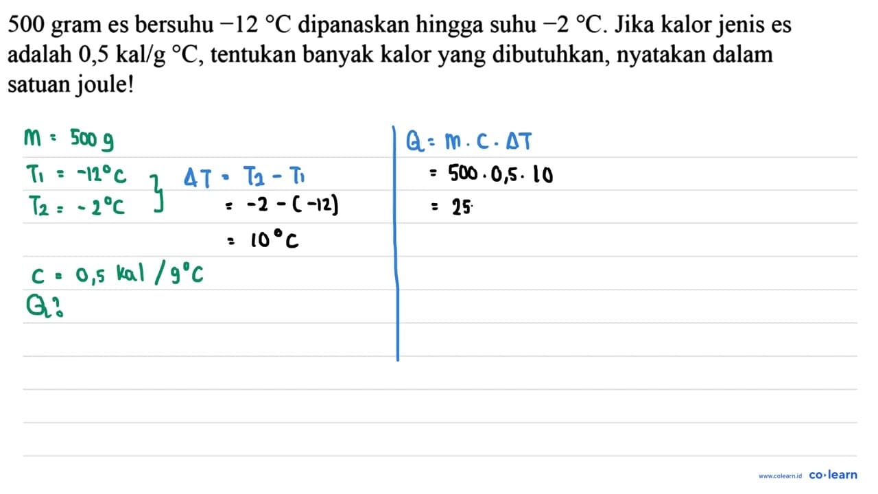 500 gram es bersuhu -12 C dipanaskan hingga suhu -2 C. Jika