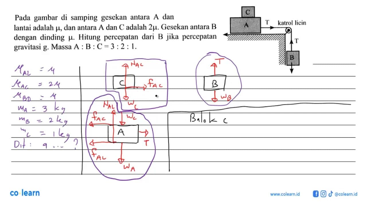 Pada gambar di samping gesekan antara A dan lantai adalah