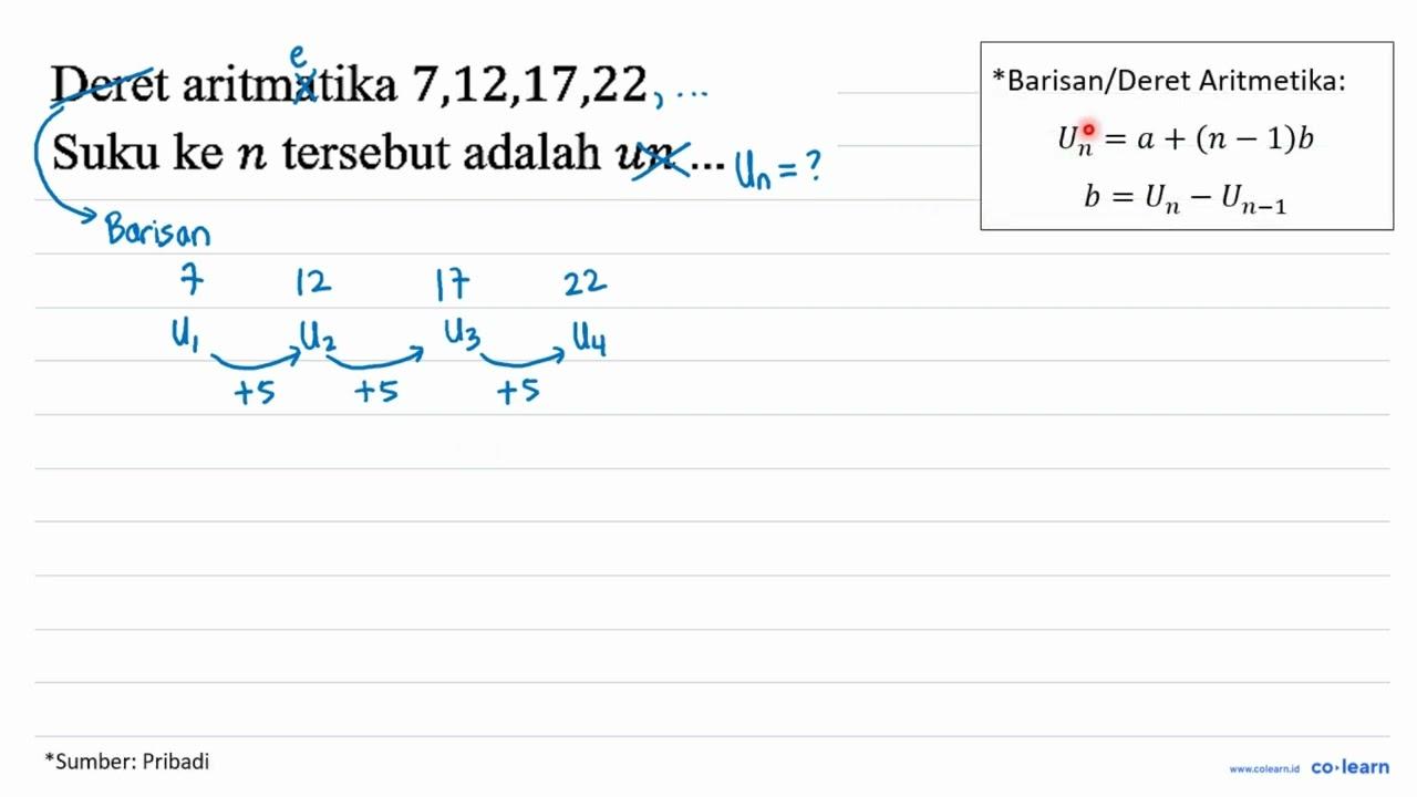 Deret aritmatika 7, 12, 17, 22 Suku ke n tersebut adalah