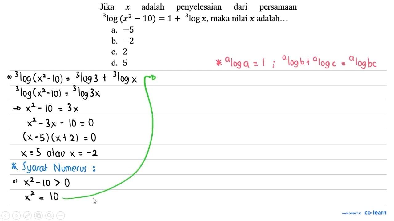 Jika x adalah penyelesaian dari persamaan { )^(3) log