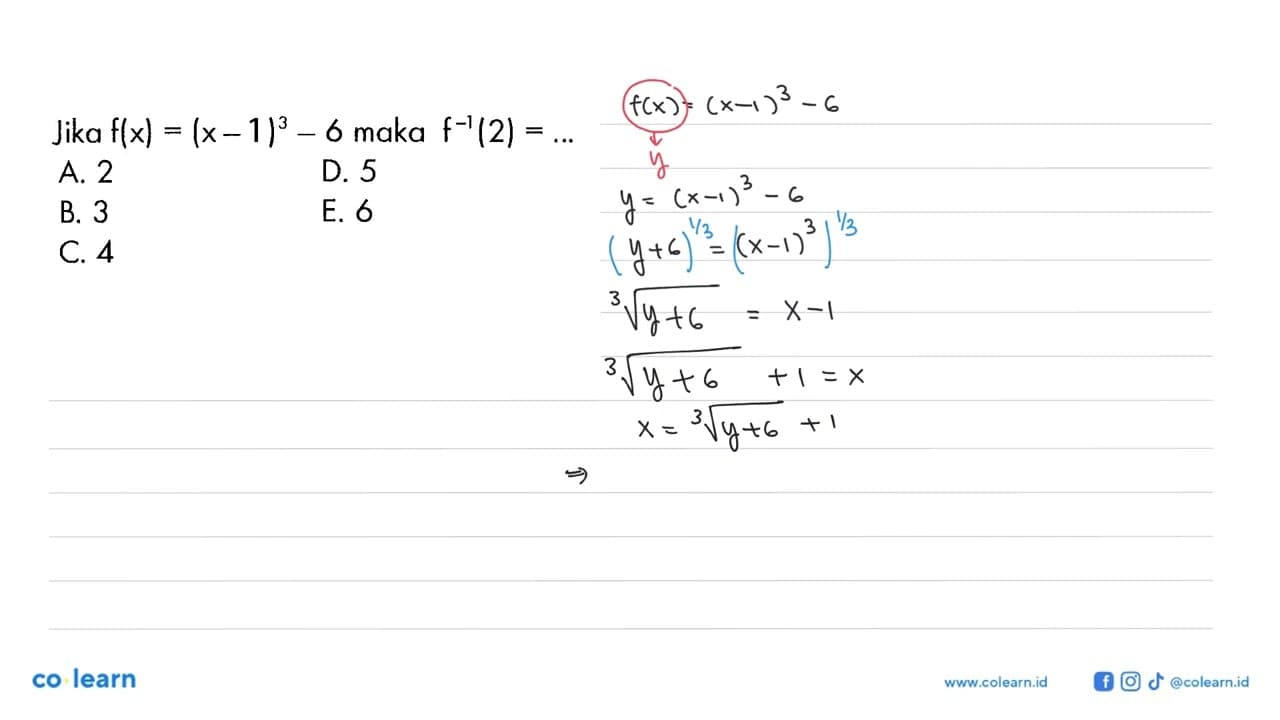 Jika f(x)=(x-1)^3-6 maka f^-1(2)=....