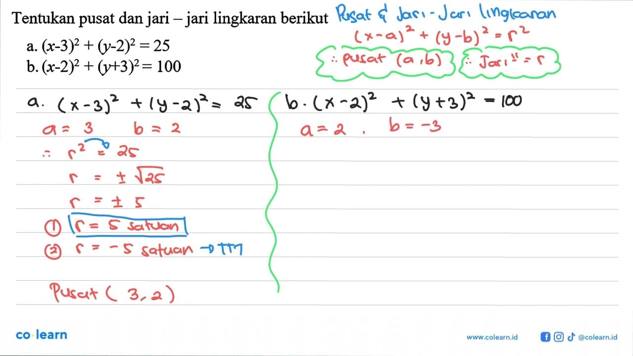 Tentukan pusat dan jari - jari lingkaran berikut a.