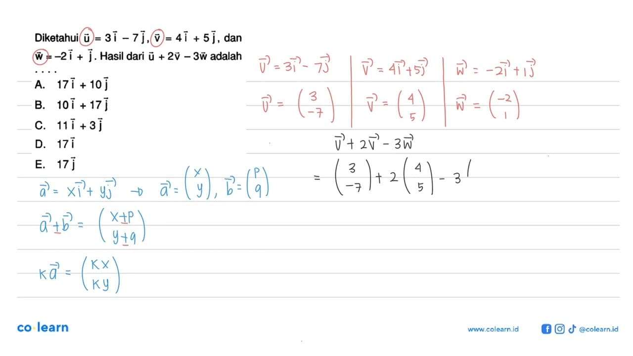 Diketahui vektor u=3i-7j, vektor v=4i+5j, dan vektor