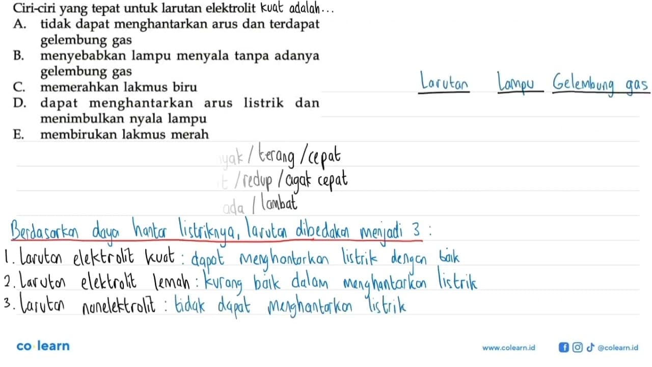 Ciri-ciri yang tepat untuk larutan elektrolit adalah ....A.