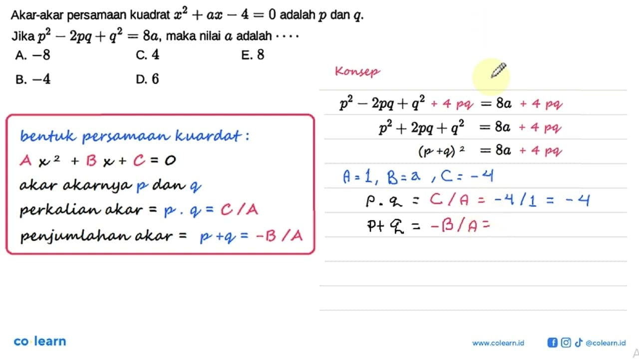 Akar-akar persamaan kuadrat x^2 + ax - 4 = 0 adalah p dan