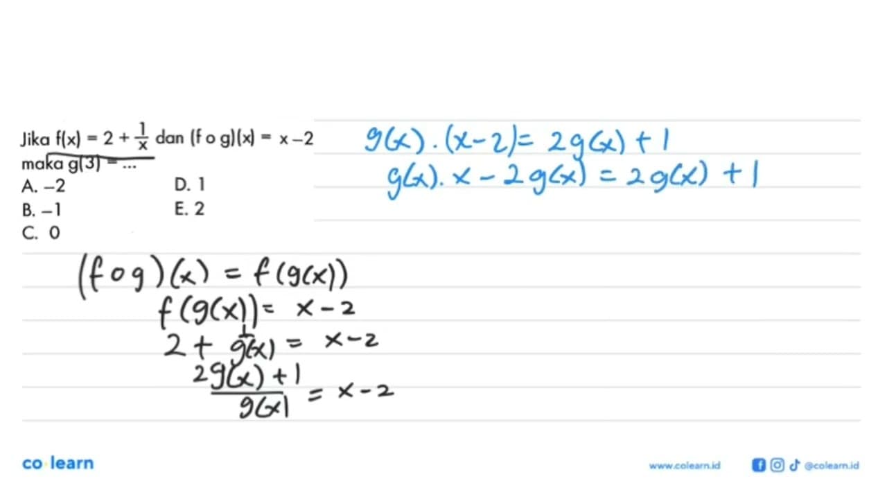 Jika f(x)=2+1/x dan (fog)(x)=x-2 maka g(3)=...