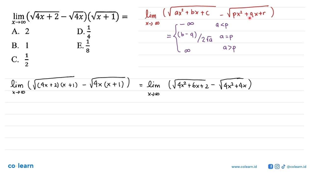 lim x mendekati tak hingga(akar(4x+2)-akar(4x))(akar(x+1))=