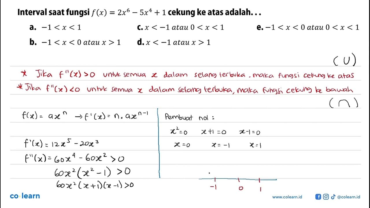 Interval saat fungsi f(x)=2x^6-5x^4+1 cekung ke atas