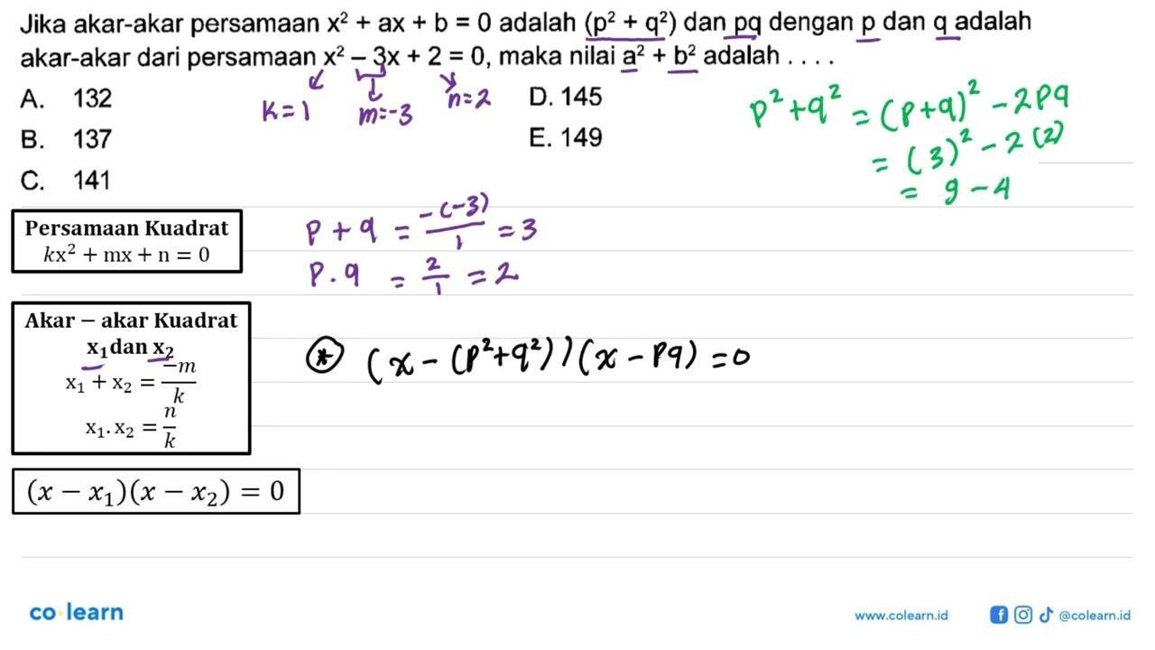 Jika kar-akar persamaan x^2 + ax + b = 0 adalah (p^2 + q^2)