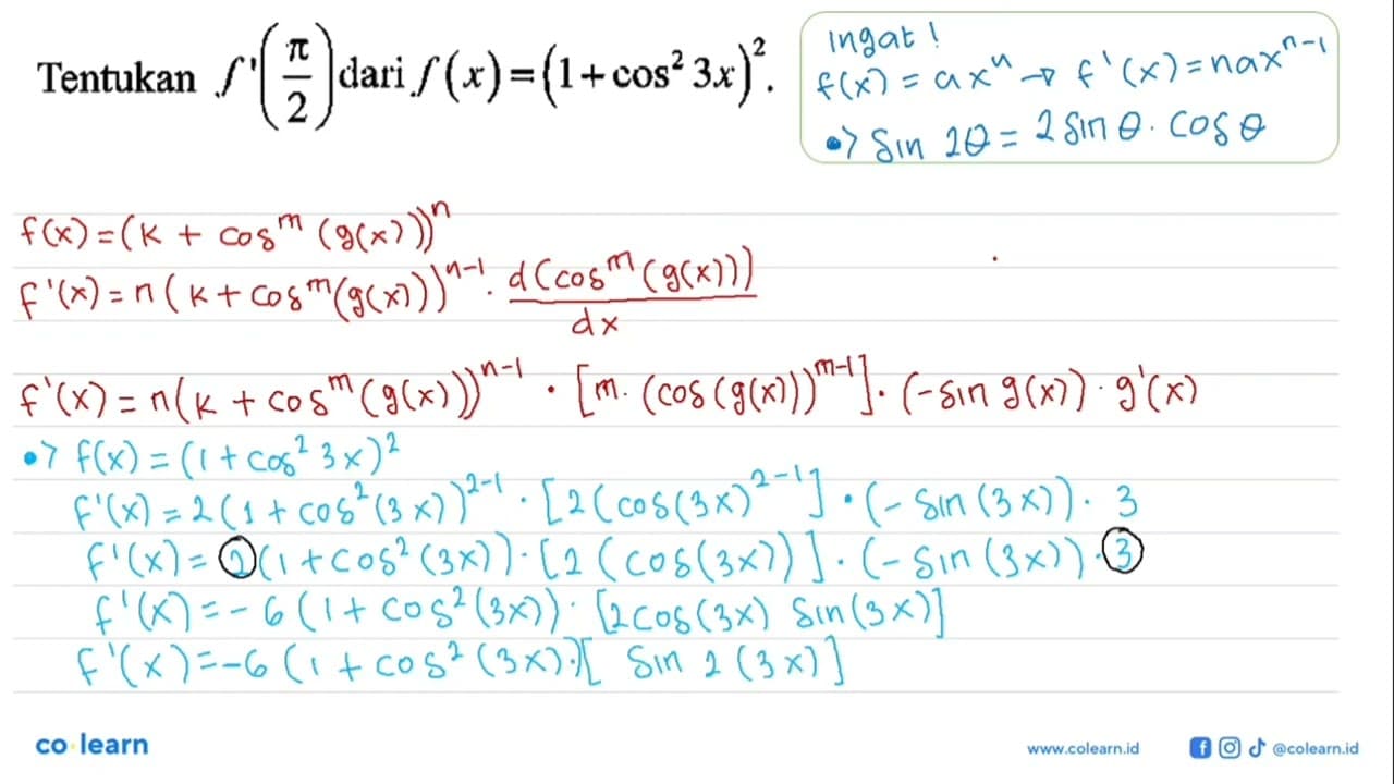 Tentukan f'(pi/2) dari f(x) = (1 + cos^2(3x))^2.