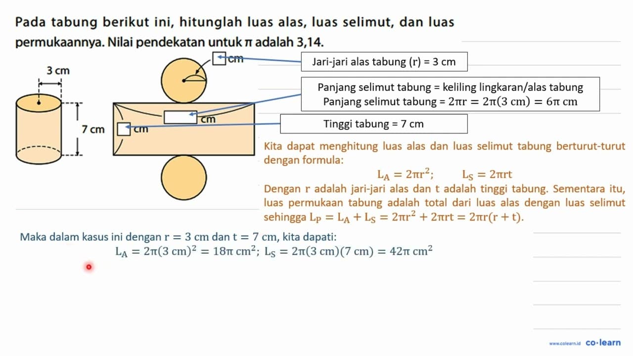 Pada tabung berikut ini, hitunglah luas alas, luas selimut,