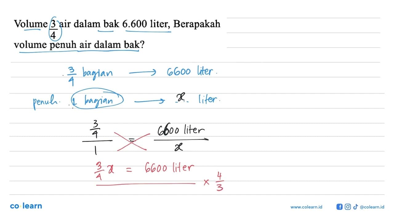 Volume 3/4 air dalam bak 6.600 liter, Berapakah volume