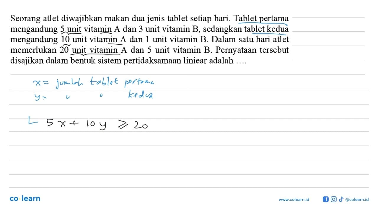 Seorang atlet diwajibkan makan dua jenis tablet setiap