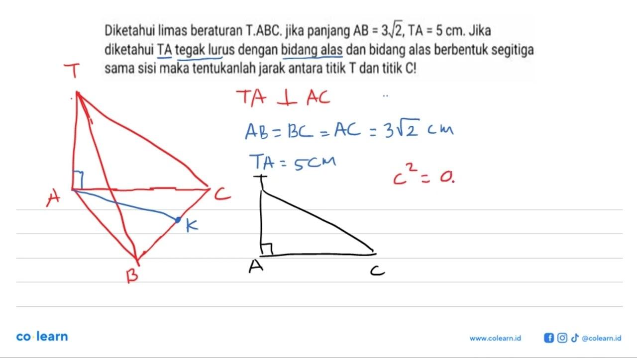 Diketahui limas beraturan T.ABC. jika panjang AB=3 akar(2)