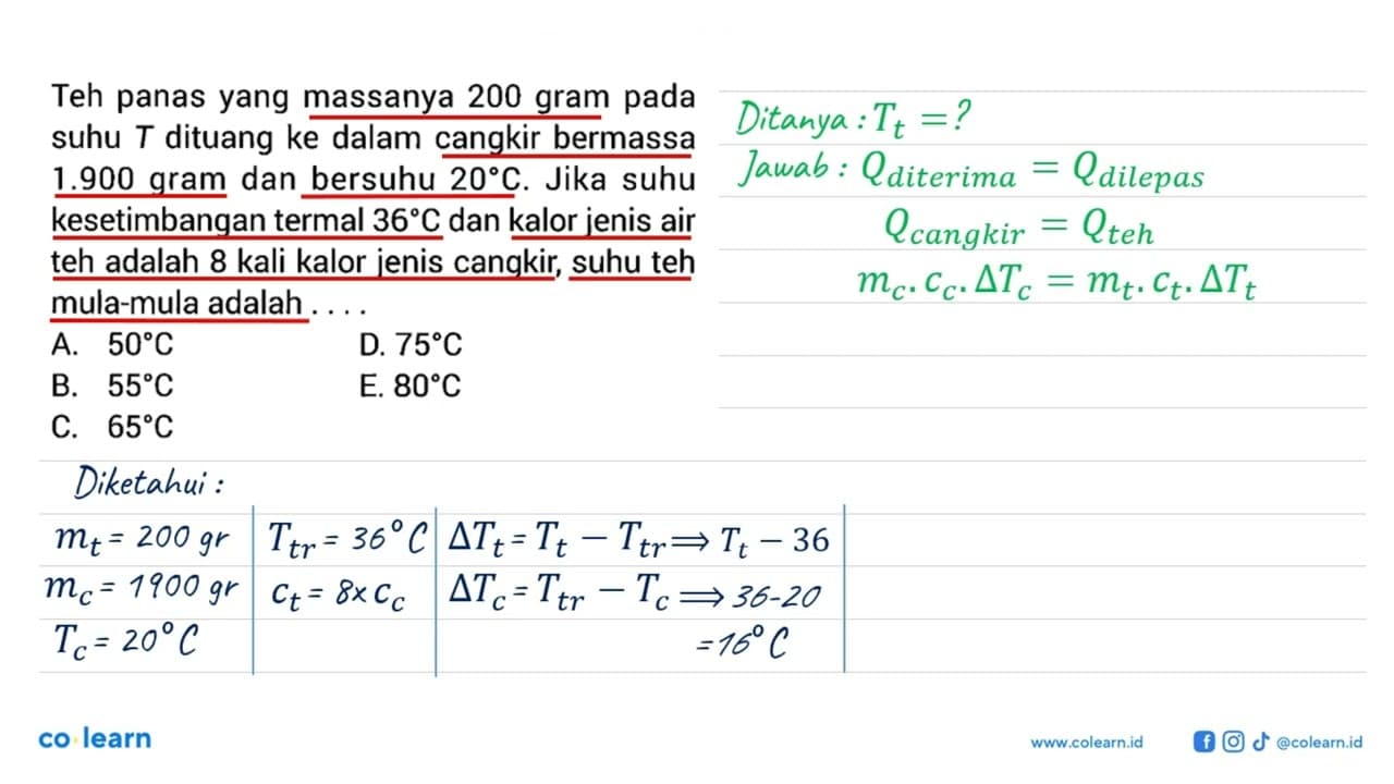 Teh panas yang massanya 200 gram pada suhu T dituang ke