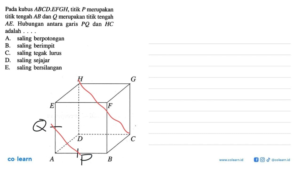 Pada kubus ABCD. EFGH, titik P merupakan titik tengah AB