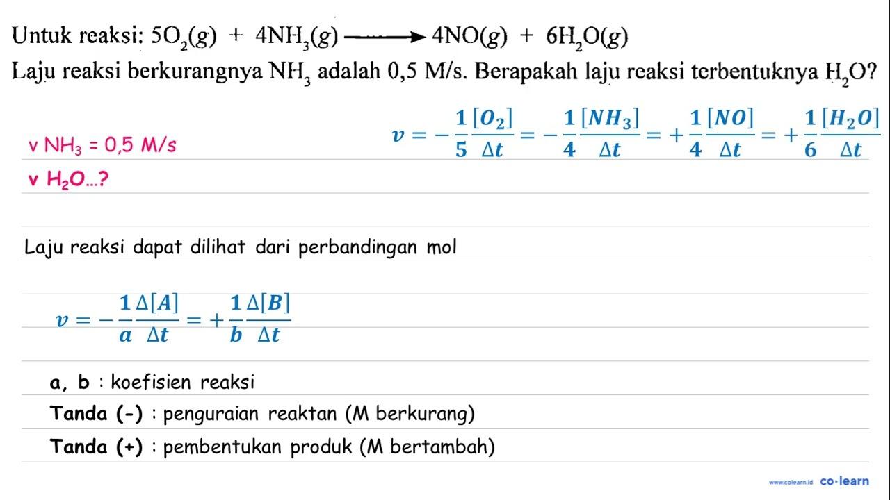 Untuk reaksi: 5 O2 (g) + 4 NH3 (g) -> 4 NO (g) + 6 H2O (g)