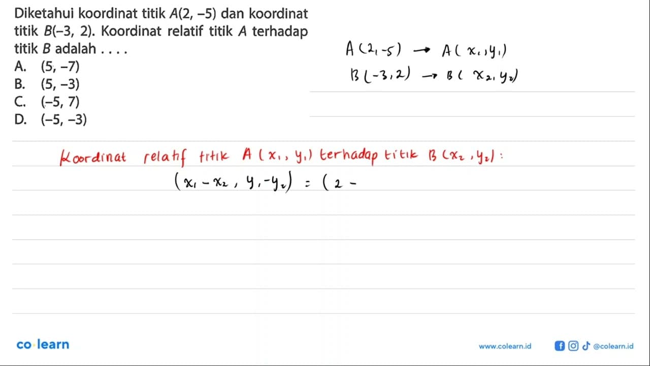 Diketahui koordinat titik A(2, -5) dan koordinat titik