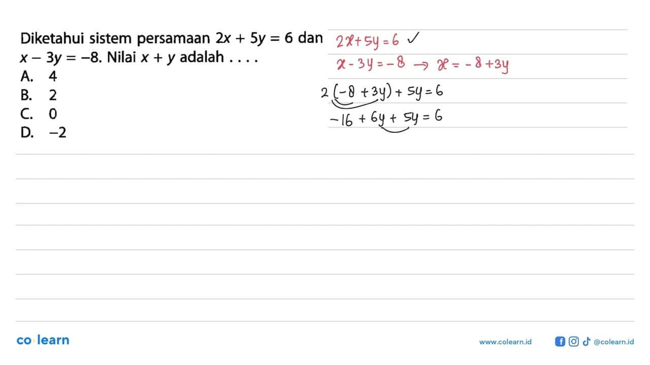 Diketahui sistem persamaan 2x + 5y = 6 dan x - 3y = -8.