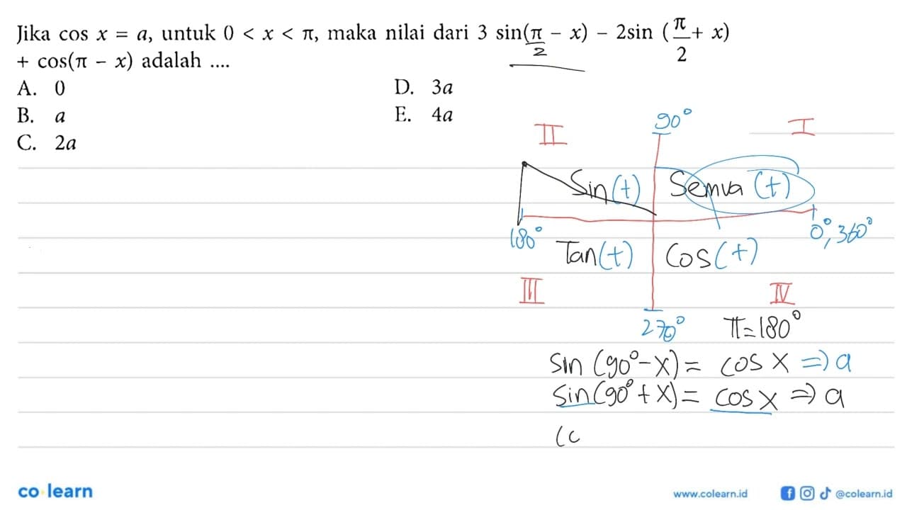 Jika cos x=a , untuk 0<x<pi , maka nilai dari 3 sin (pi -