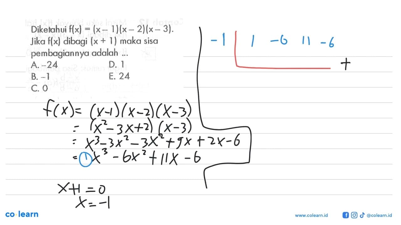 Diketahui f(x) = (x-1)(x-2)(x-3). Jika f(x) dibagi (x+1)