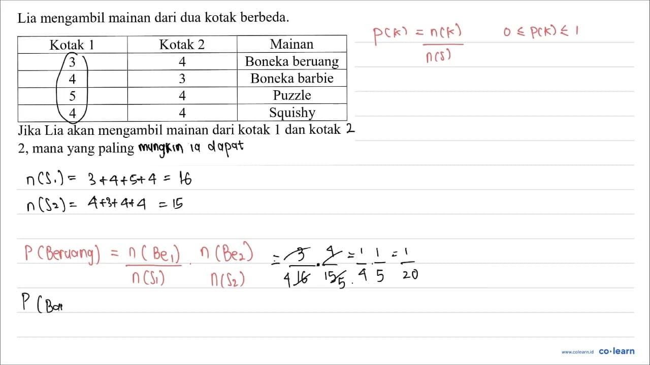 Lia mengambil mainan dari dua kotak berbeda. Kotak 1 Kotak