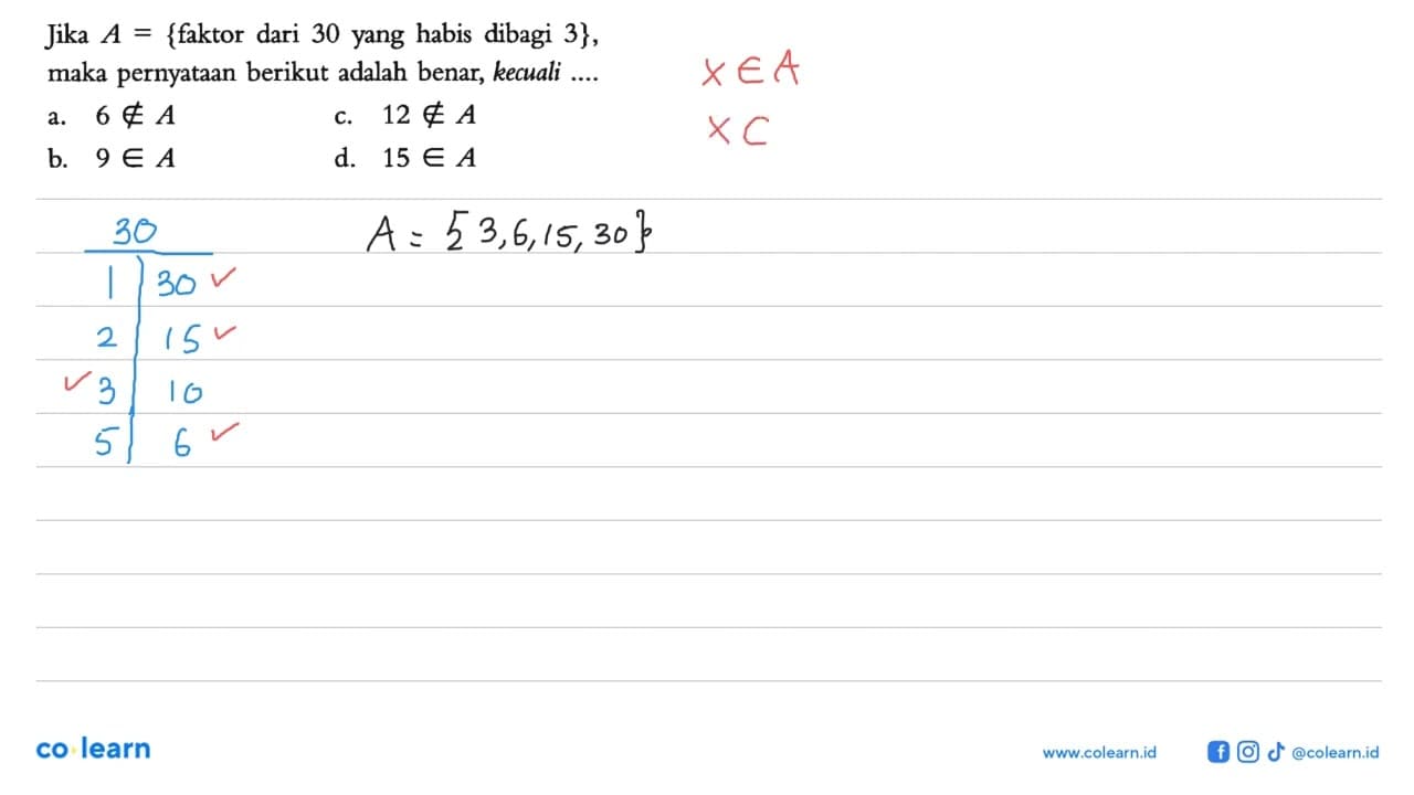 Jika A = {faktor dari 30 yang habis dibagi 3}, maka