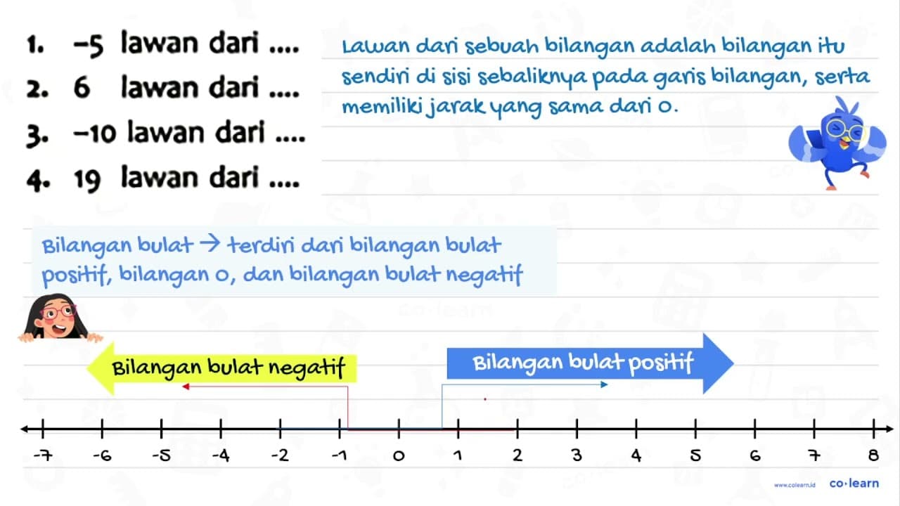 1. -5 lawan dari .... 2. 6 lawan dari .... 3. -10 lawan