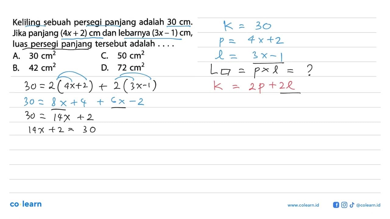 Keliling sebuah persegi panjang adalah 30 cm. Jika panjang