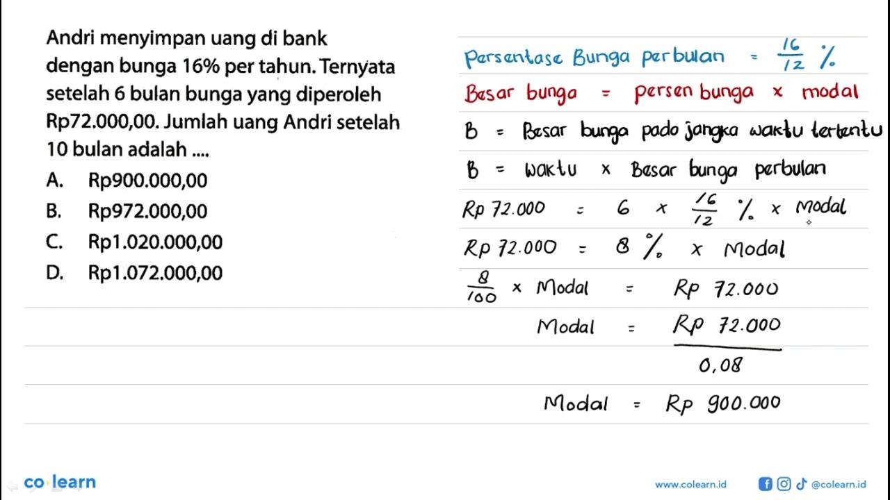 Andri menyimpan uang di bank dengan bunga 16% per tahun.