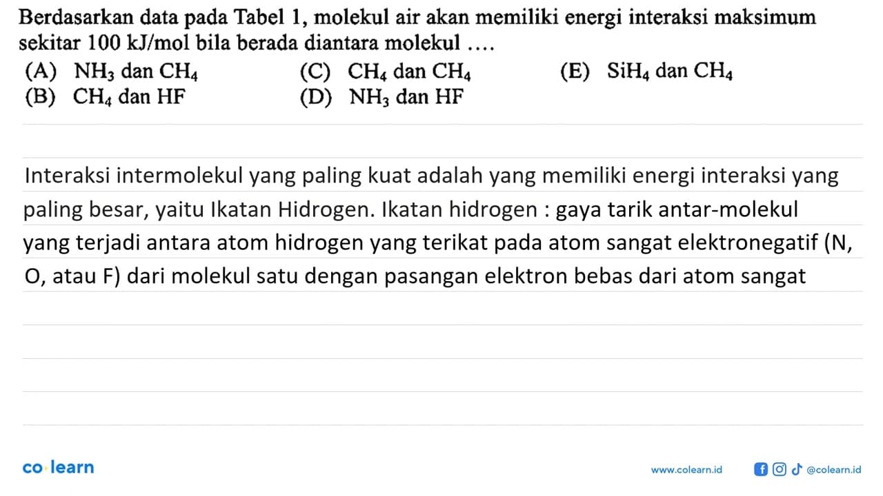 Berdasarkan data pada Tabel 1, molekul air akan memiliki