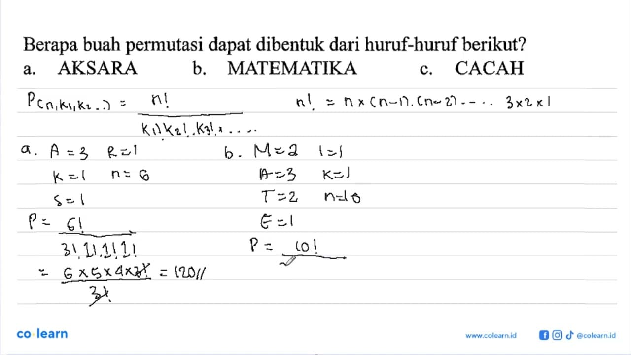 Berapa buah permutasi dapat dibentuk dari huruf-huruf