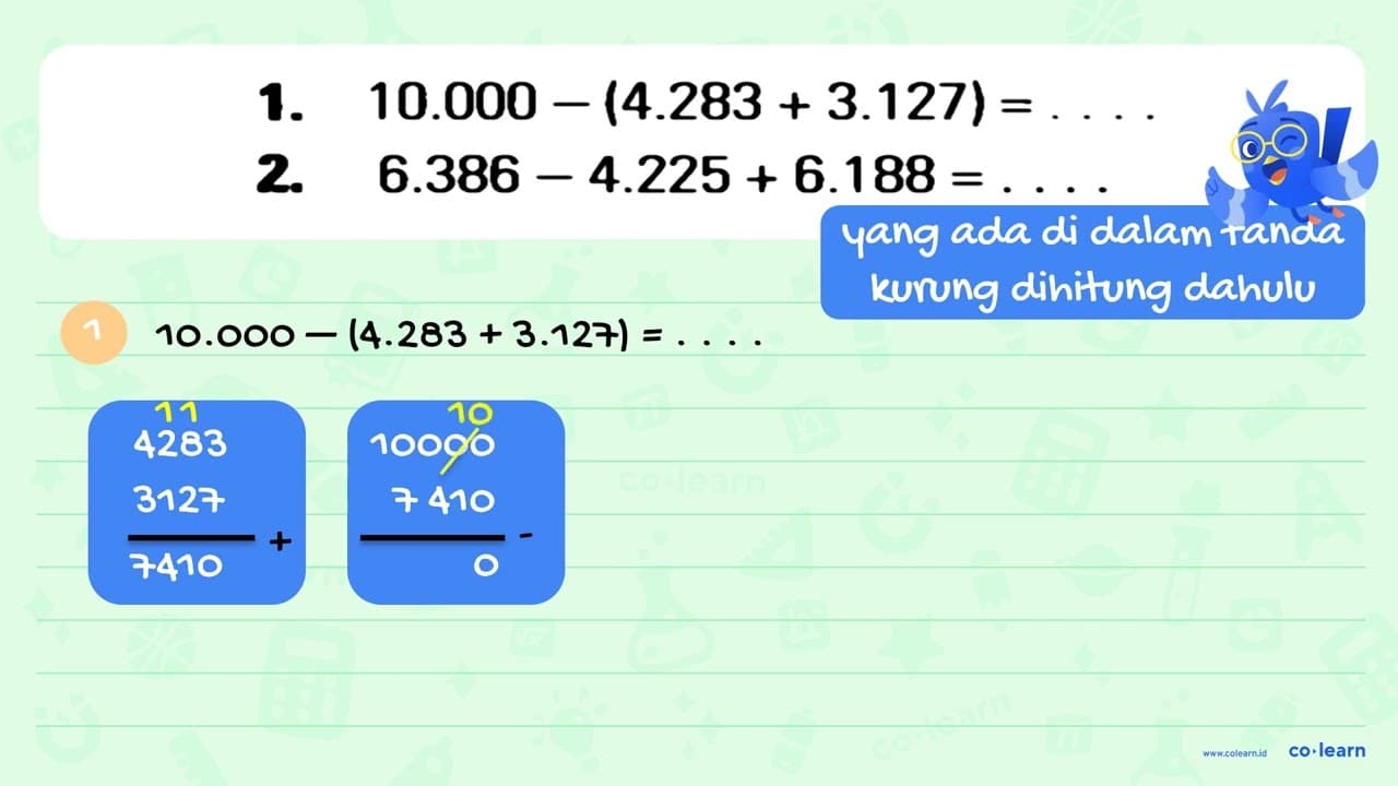 1. 10.000 - (4.283 + 3.127) = .... 2. 6.386 - 4.225 + 6.188