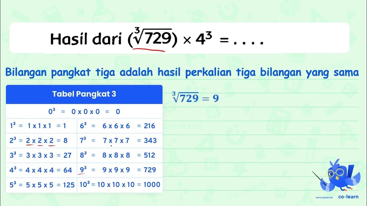 Hasil dari (akar pangkat 3 dari (729)) x 4^(3)=...