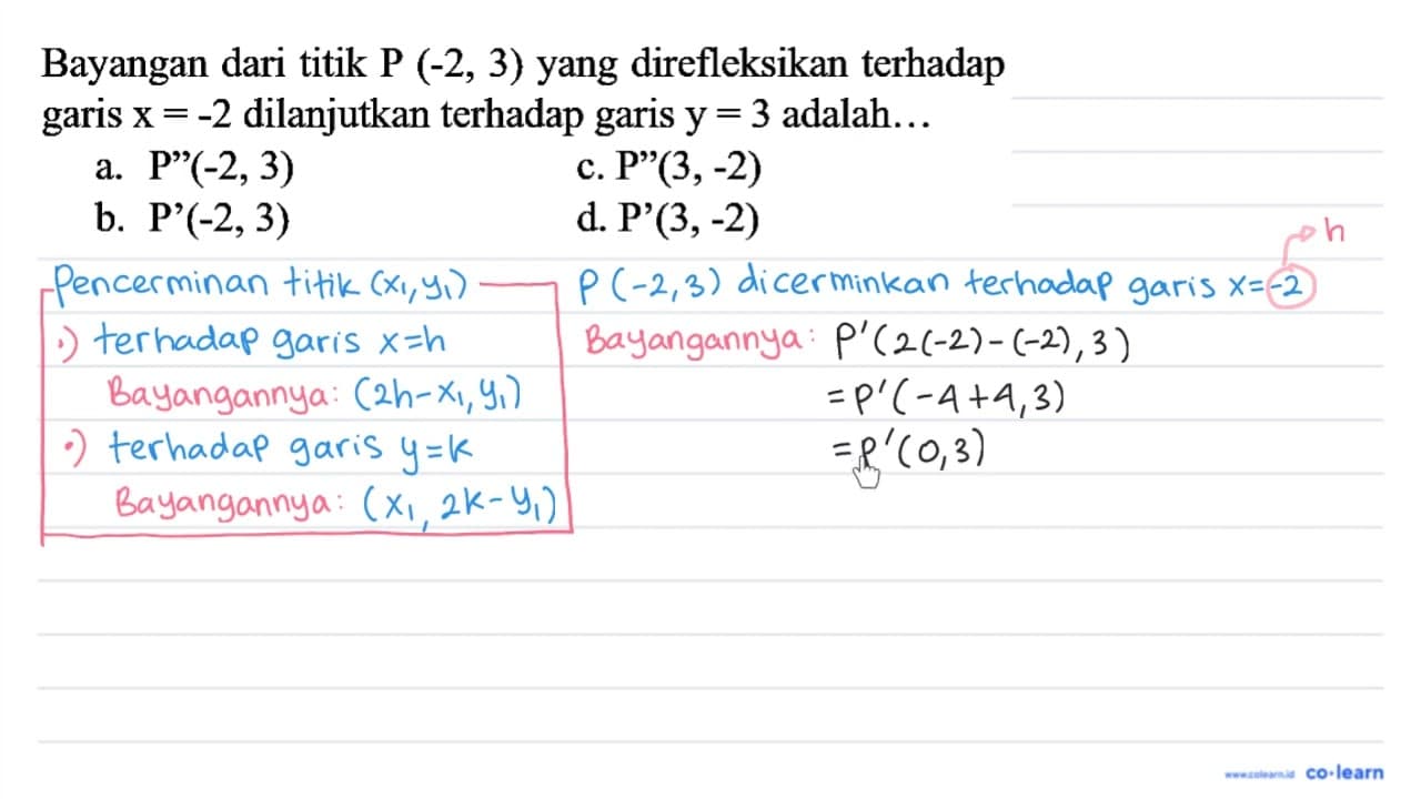 Bayangan dari titik P (-2,3) yang direfleksikan terhadap