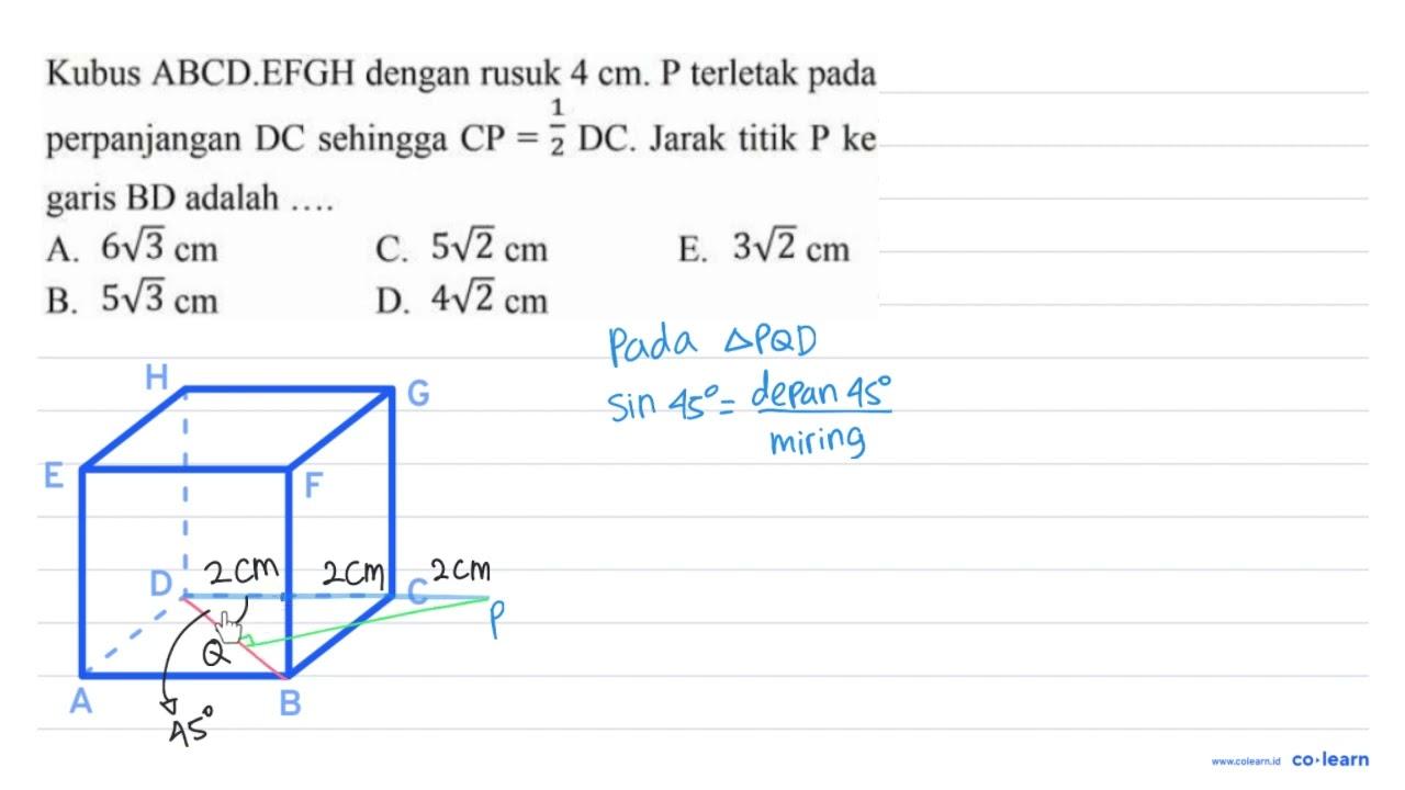 Kubus ABCD.EFGH dengan rusuk 4 cm . P terletak pada