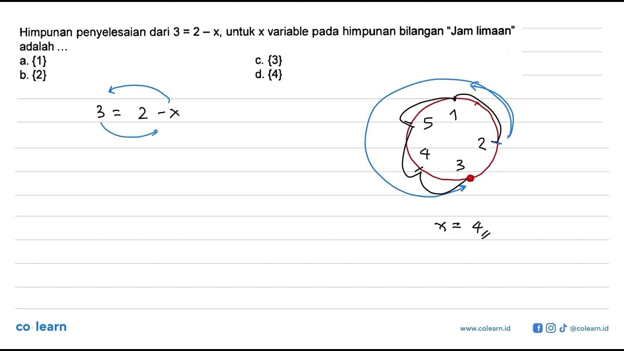 Himpunan penyelesaian dari 3 = 2 - x, untuk x variabel pada