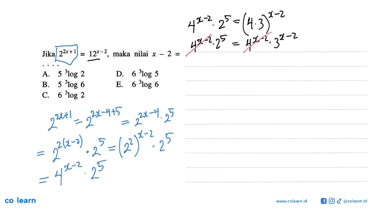 Jika 2^(2x+1)=(12)^(x-2), maka nilai x-2=...