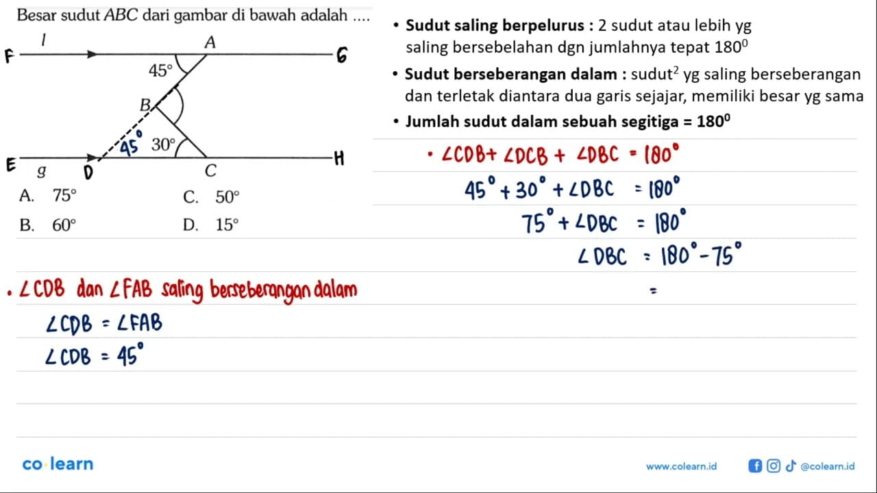 Besar sudut ABC dari gambar di bawah adalah .... a b c 45