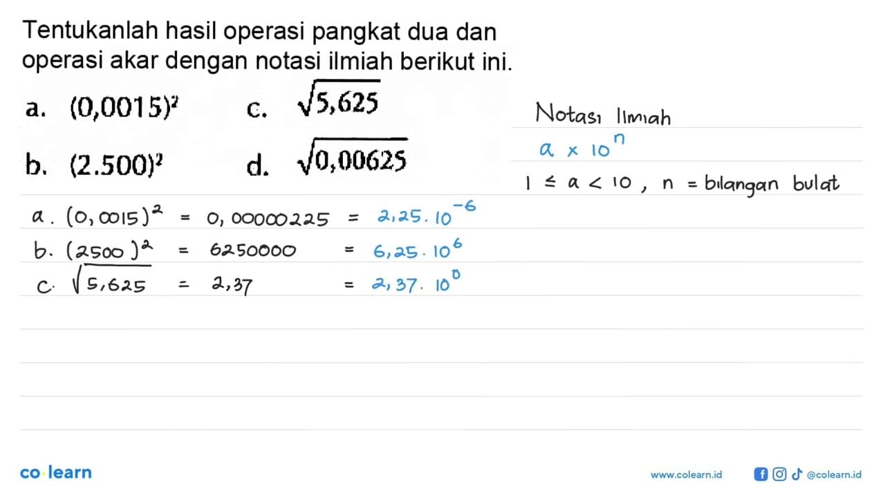 Tentukanlah hasil operasi pangkat dua dan operasi akar