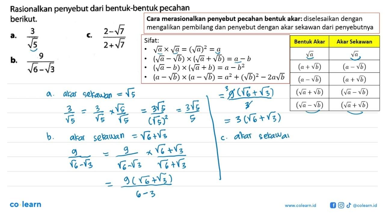 Rasionalkan penyebut dari bentuk-bentuk pecahan berikut. a.