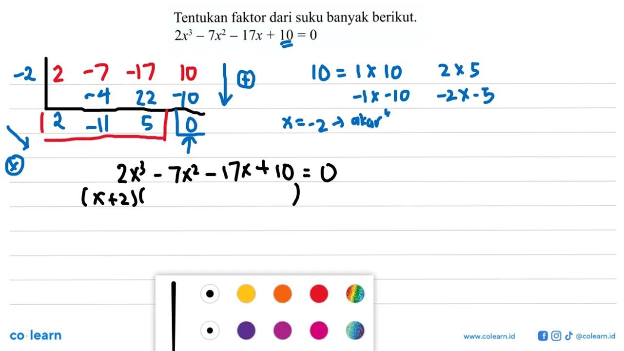 Tentukan faktor dari suku banyak berikut. 2x^3-7x^2-17x+10