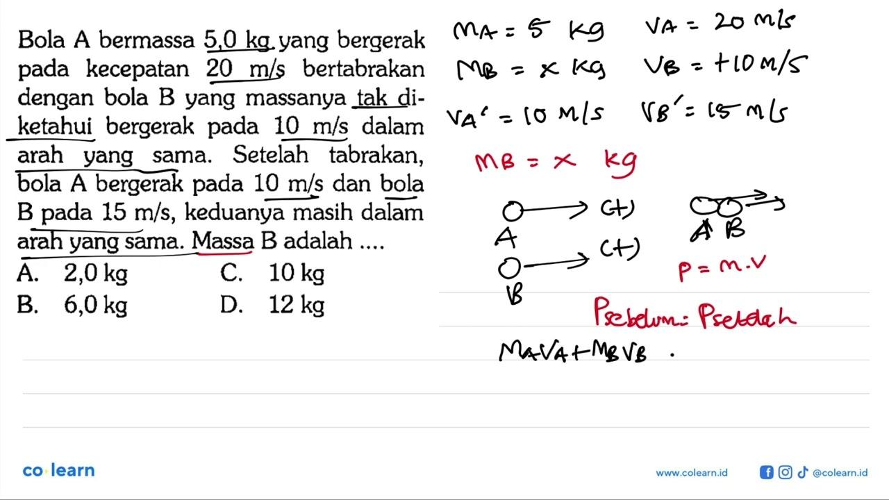 Bola A bermassa 5,0 kg yang bergerak pada kecepatan 20 m/s