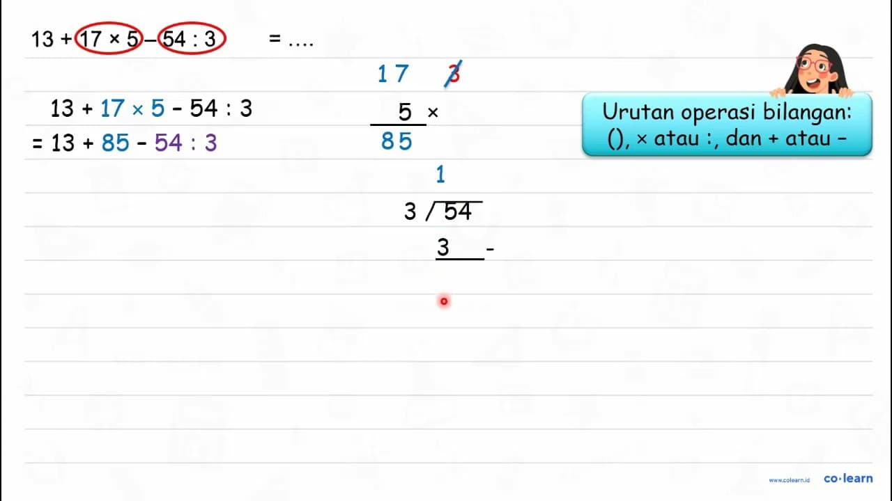 13+17 x 5-54: 3=...