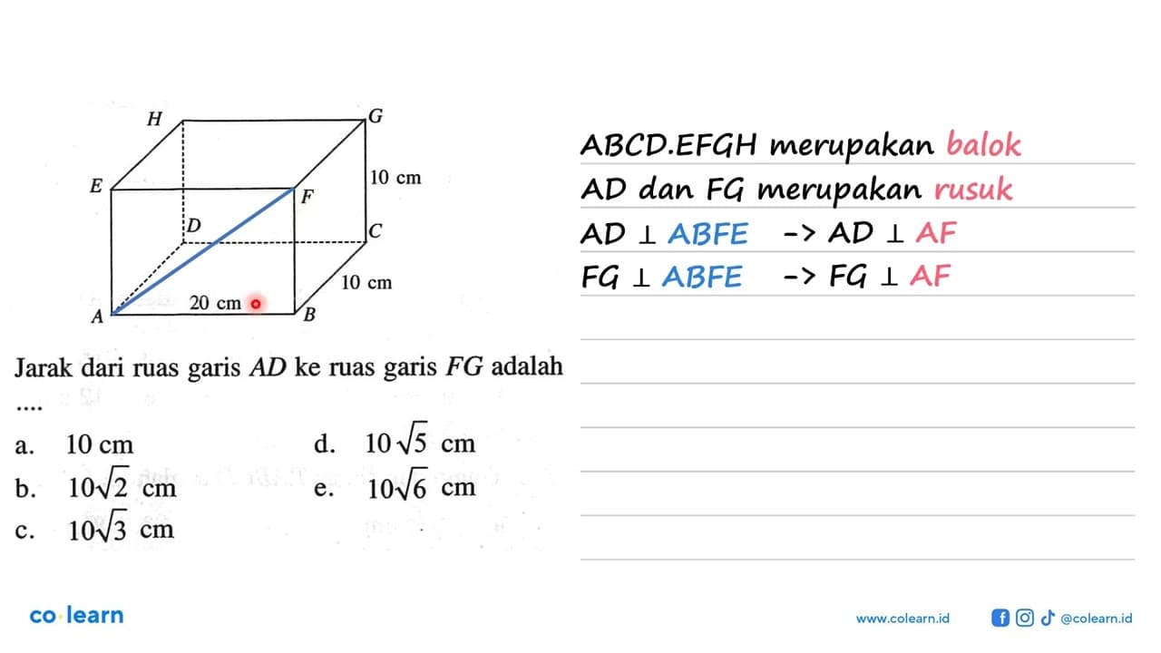 H 10 cm 10 cm 20 cm B Jarak dari ruas AD ke ruas garis FG