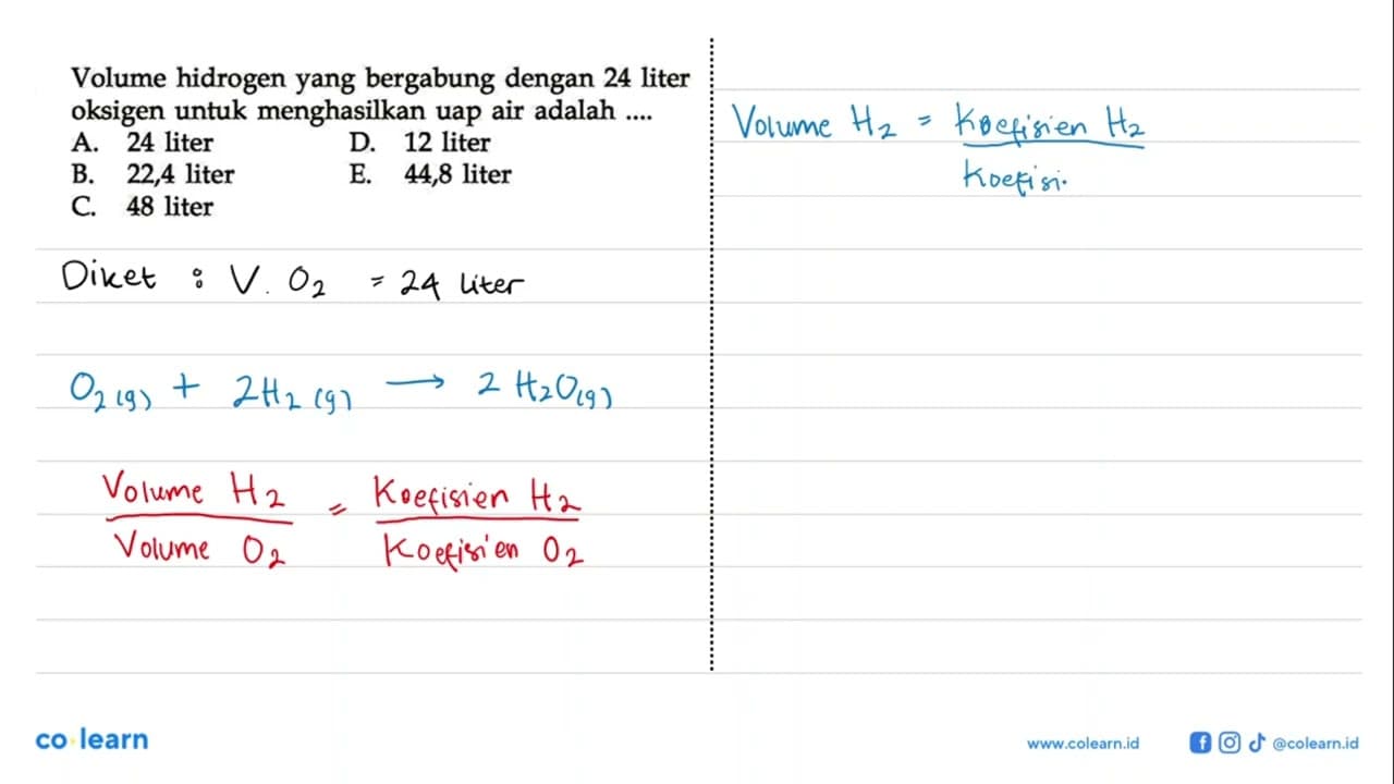 Volume hidrogen yang bergabung dengan 24 liter oksigen