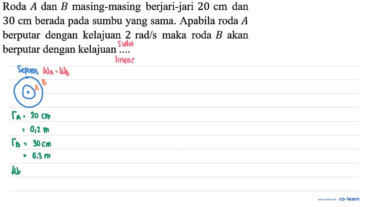 Roda A dan B masing-masing berjari-jari 20 cm dan 30 cm