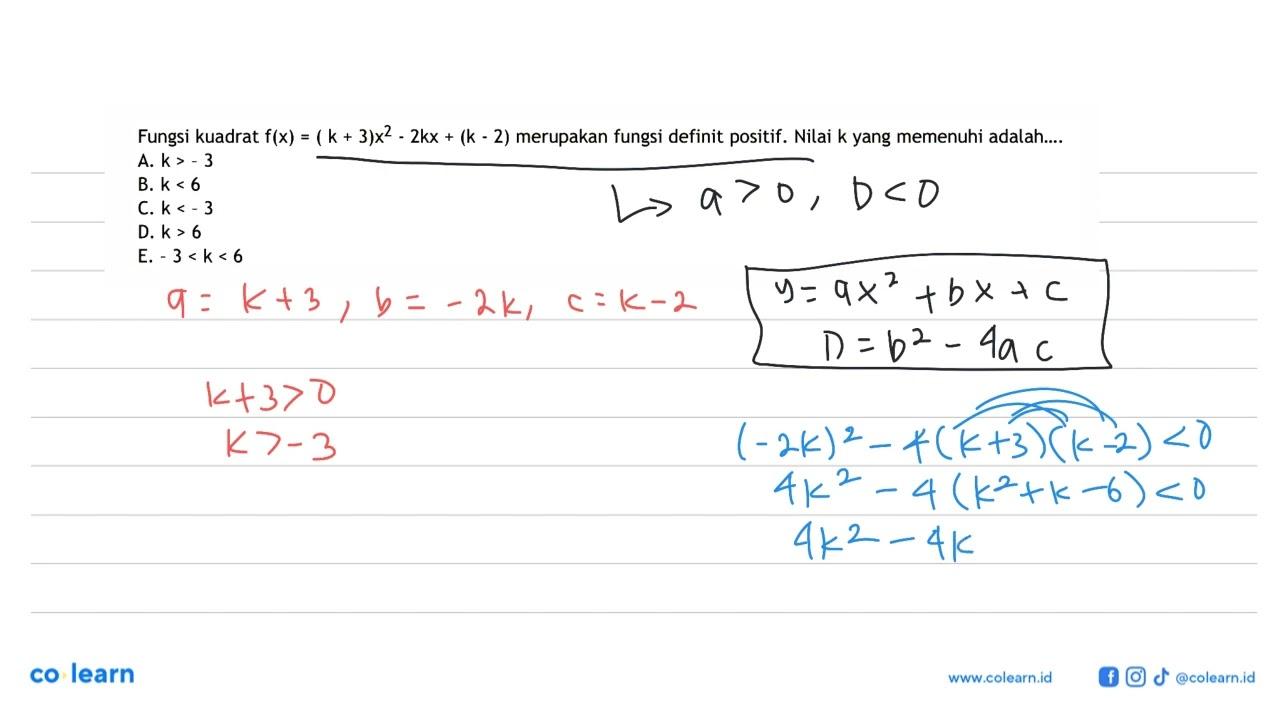 Fungsi kuadrat f(x) = (k + 3)x^2 - 2kx + (k - 2) merupakan